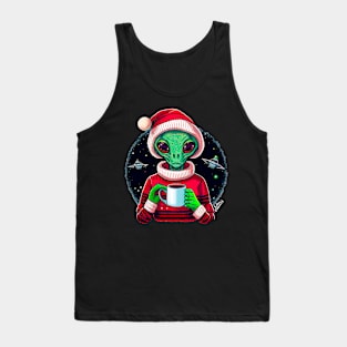 Christmas Funny Alien Drinking Coffee Wearing Sweater Tank Top